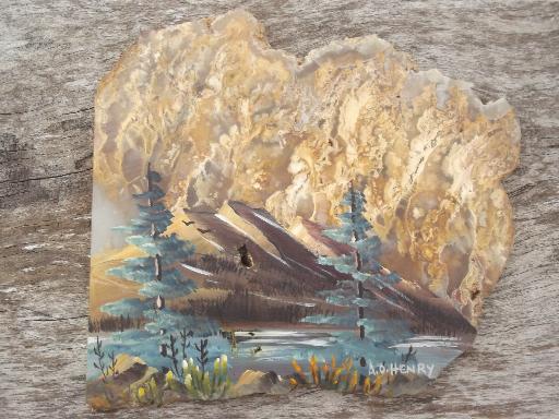 photo of picture agate natural stone rock slabs w/ hand painted landscape scenes #2