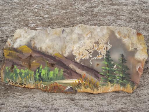 photo of picture agate natural stone rock slabs w/ hand painted landscape scenes #5