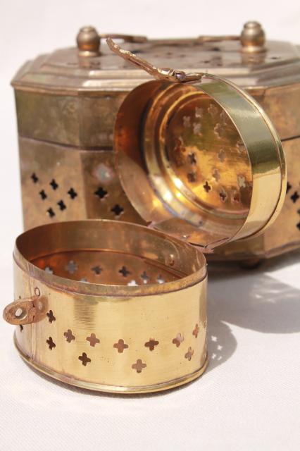 photo of pierced brass cricket boxes, vintage China or India brass boxes, tiny treasure chests #11