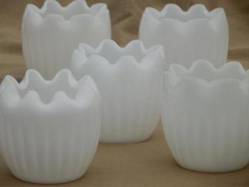 catalog photo of pinch shape blown glass bowls, vintage milk glass grouping for flowers