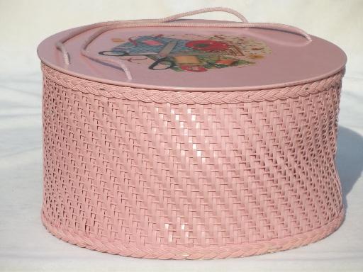 photo of pink Princess sewing basket, vintage round wicker sewing box w/ decals  #1