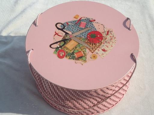 photo of pink Princess sewing basket, vintage round wicker sewing box w/ decals  #4