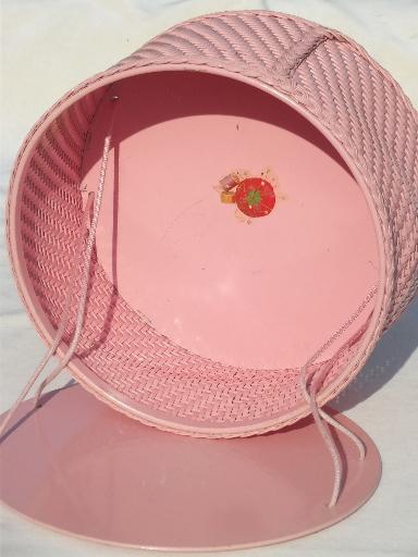 photo of pink Princess sewing basket, vintage round wicker sewing box w/ decals  #5