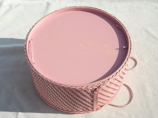 photo of pink Princess sewing basket, vintage round wicker sewing box w/ decals  #7