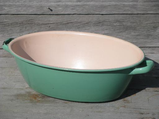 photo of pink and green vintage enamelware, big old primitive wash tub, oval dish pan #1