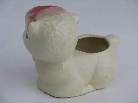 photo of pink and white sleeping lamb planter for baby or Easter, vintage USA pottery #2