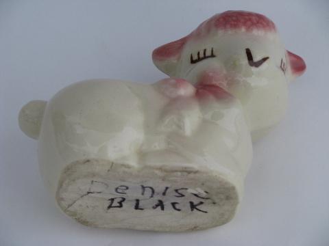 photo of pink and white sleeping lamb planter for baby or Easter, vintage USA pottery #4