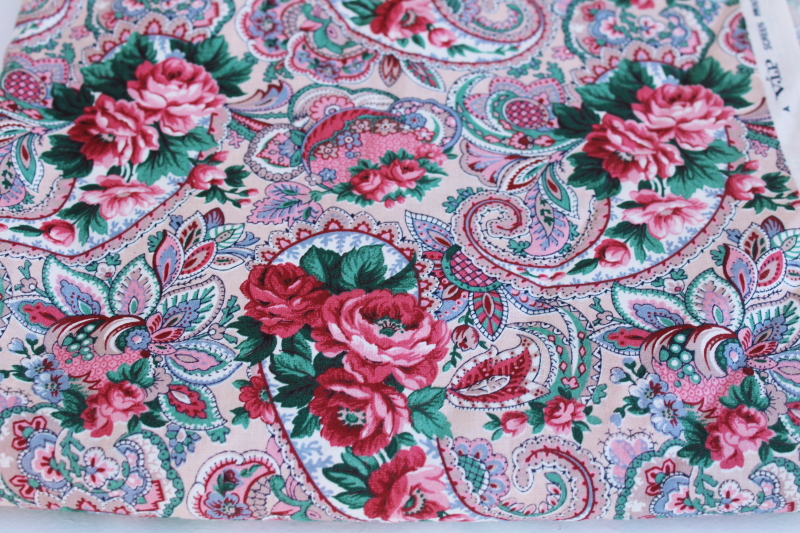 photo of pink cabbage roses floral paisley print, vintage VIP Cranston cotton fabric 5 yards #1