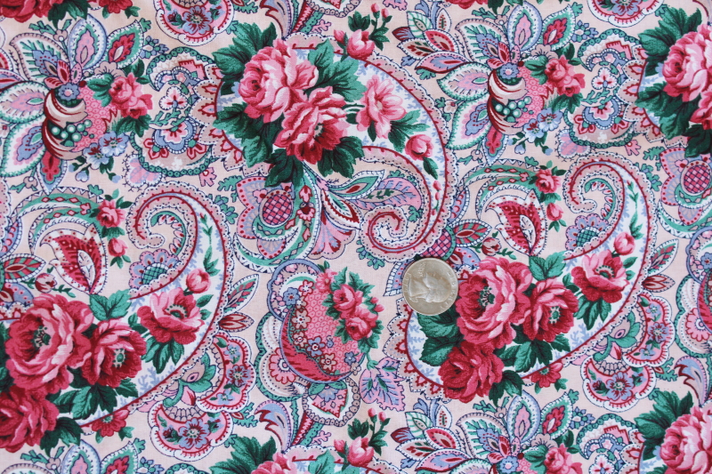 photo of pink cabbage roses floral paisley print, vintage VIP Cranston cotton fabric 5 yards #2