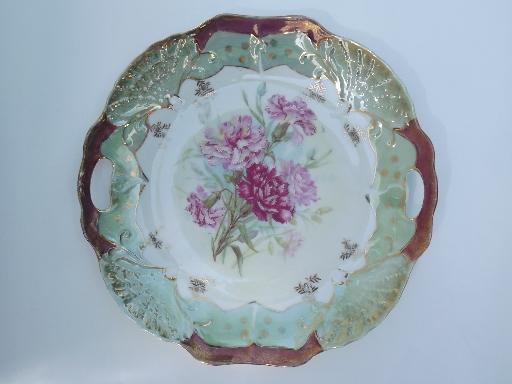 photo of pink carnations gold and luster antique china plate w/ handles, Germany? #1