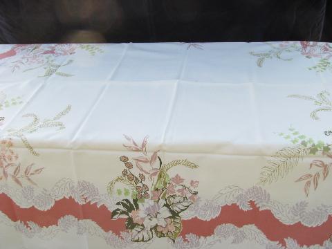 photo of pink & chartreuse flowers, vintage 1950s printed cotton kitchen tablecloth #1