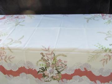 catalog photo of pink & chartreuse flowers, vintage 1950s printed cotton kitchen tablecloth