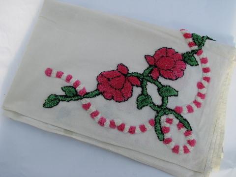 photo of pink chenille roses, funky vintage cotton tablecloth, small table cover #1