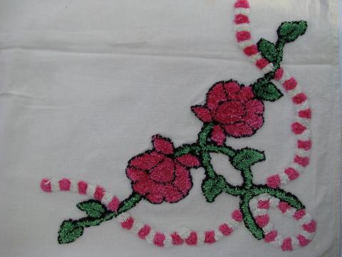 photo of pink chenille roses, funky vintage cotton tablecloth, small table cover #3