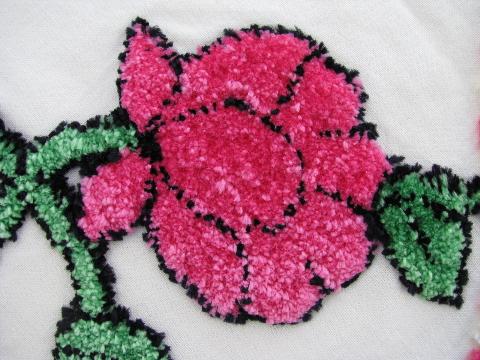 photo of pink chenille roses, funky vintage cotton tablecloth, small table cover #4