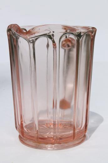 photo of pink depression glass milk pitcher, 1930s vintage Hazel Atlas ribbon panel pattern #2