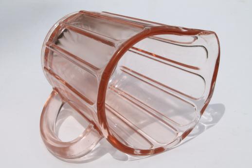 photo of pink depression glass milk pitcher, 1930s vintage Hazel Atlas ribbon panel pattern #4