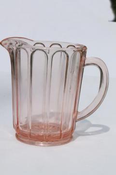 catalog photo of pink depression glass milk pitcher, 1930s vintage Hazel Atlas ribbon panel pattern