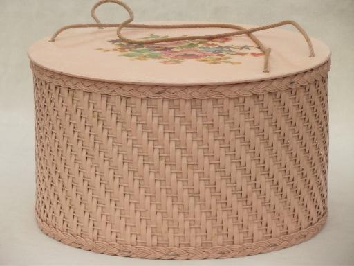 photo of pink flowered sewing basket, vintage round wicker sewing box w/ decals #1