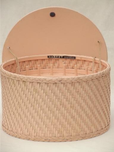 photo of pink flowered sewing basket, vintage round wicker sewing box w/ decals #2