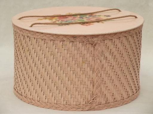 photo of pink flowered sewing basket, vintage round wicker sewing box w/ decals #5