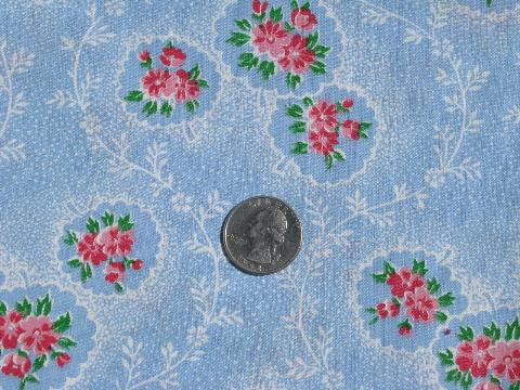 photo of pink flowers on sky blue, vintage 36"; wide cotton print fabric #1