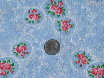 catalog photo of pink flowers on sky blue, vintage 36"; wide cotton print fabric