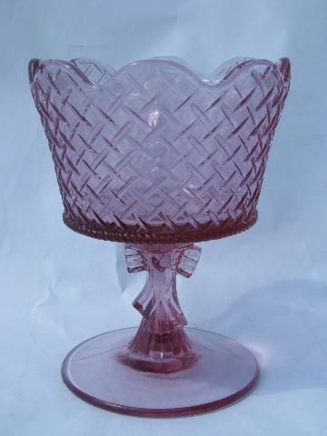 photo of pink glass heart & ribbon bow pattern basket compote, marked Fenton #1