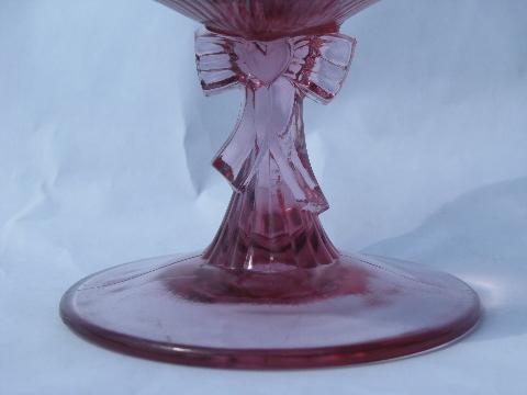 photo of pink glass heart & ribbon bow pattern basket compote, marked Fenton #2