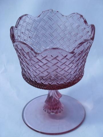 photo of pink glass heart & ribbon bow pattern basket compote, marked Fenton #3