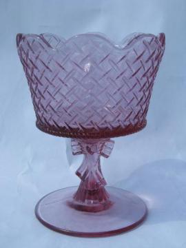 catalog photo of pink glass heart & ribbon bow pattern basket compote, marked Fenton