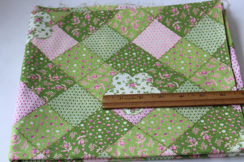 photo of pink & green patchwork print quilt fabric, 70s vintage cotton blend material #1