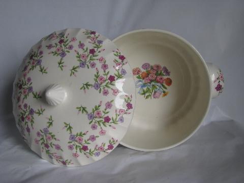 photo of pink & lavender floral chintz pattern, vintage W S George Fiesta pattern china plates #4