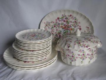 catalog photo of pink & lavender floral chintz pattern, vintage W S George Fiesta pattern china plates