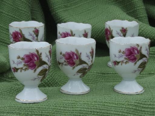 photo of pink moss rose china egg cups, coddler stands for eggs, vintage Japan #1