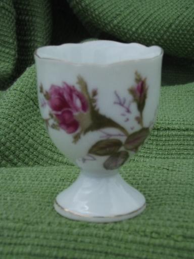 photo of pink moss rose china egg cups, coddler stands for eggs, vintage Japan #2