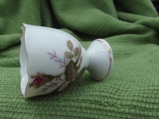 photo of pink moss rose china egg cups, coddler stands for eggs, vintage Japan #4