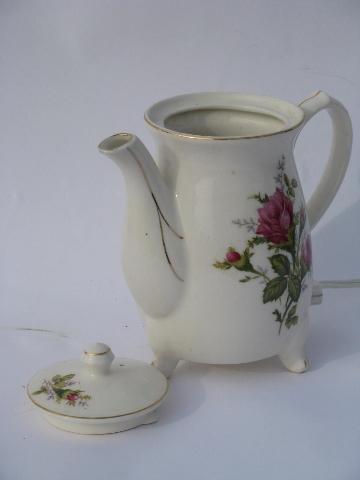 photo of pink moss rose pattern, vintage Japan self-heating electric teapot #2