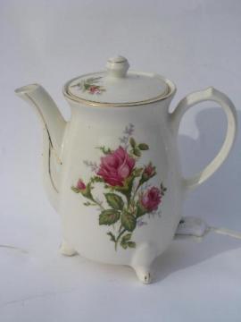 catalog photo of pink moss rose pattern, vintage Japan self-heating electric teapot