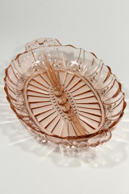 photo of pink oyster & pearl pattern depression glass relish dish divided bowl, vintage Anchor Hocking #1