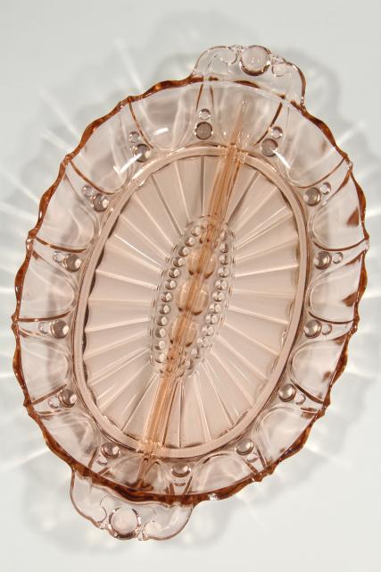 photo of pink oyster & pearl pattern depression glass relish dish divided bowl, vintage Anchor Hocking #3