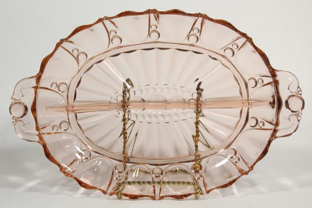 photo of pink oyster & pearl pattern depression glass relish dish divided bowl, vintage Anchor Hocking #5