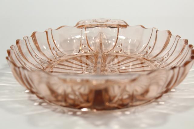 photo of pink oyster & pearl pattern depression glass relish dish divided bowl, vintage Anchor Hocking #6