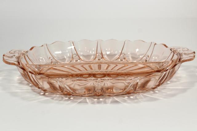 photo of pink oyster & pearl pattern depression glass relish dish divided bowl, vintage Anchor Hocking #7