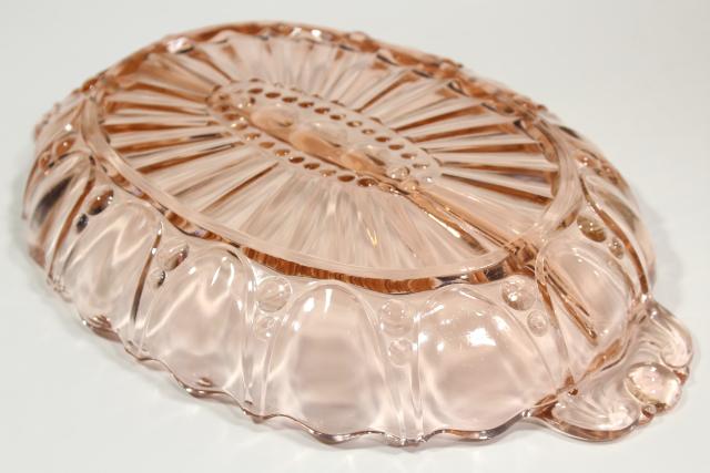 photo of pink oyster & pearl pattern depression glass relish dish divided bowl, vintage Anchor Hocking #9