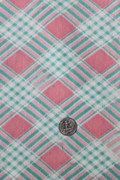 catalog photo of pink plaid print cotton feed sack, authentic vintage fabric for quilting etc.