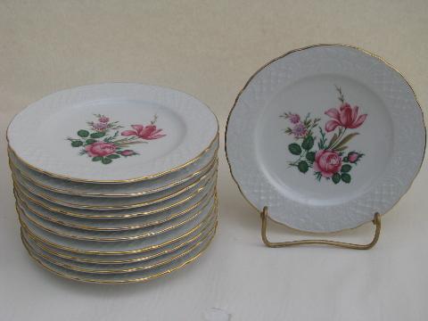 photo of pink rose and tulip, vintage Schumann Bavaria dessert plates lot #1