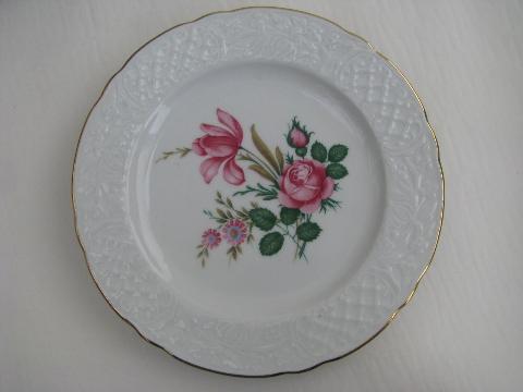 photo of pink rose and tulip, vintage Schumann Bavaria dessert plates lot #2