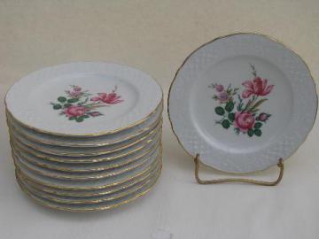 catalog photo of pink rose and tulip, vintage Schumann Bavaria dessert plates lot