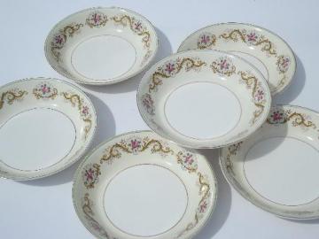 catalog photo of pink rose border Pareek china soup bowls, antique Johnson Bros - England